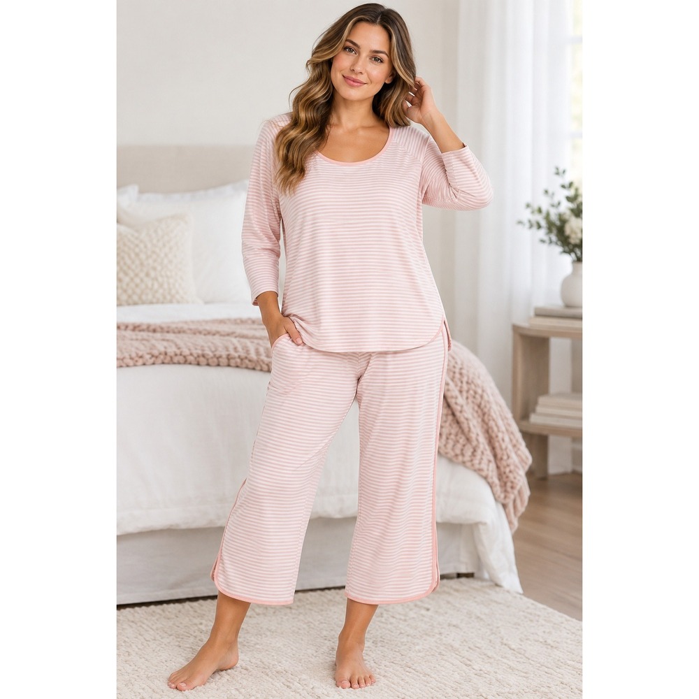 LAKE Pajamas Pima Cotton Pink Stripe Long Sleeve Capri Set Women XLC 1X